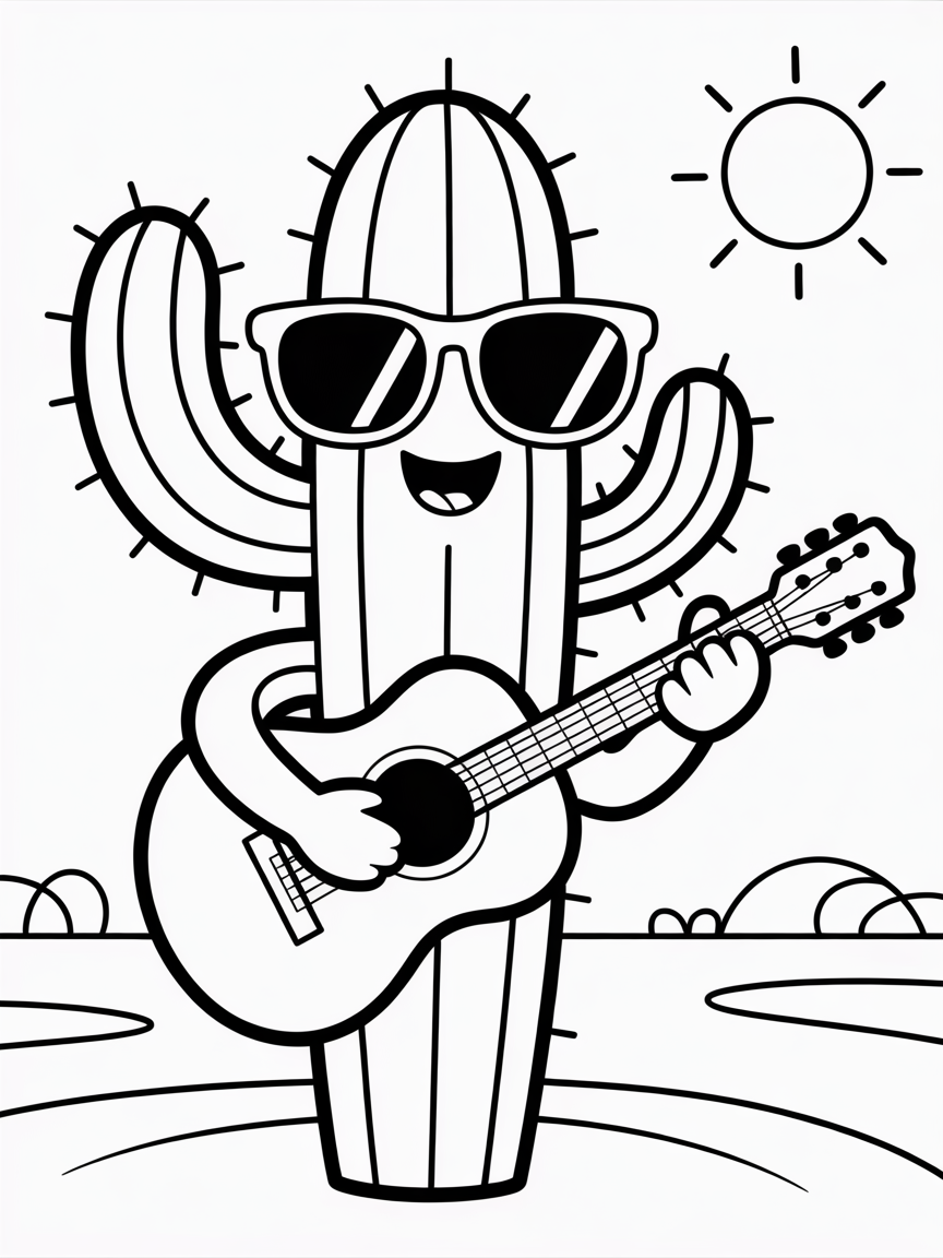 Cactus wearing sunglasses playing guitar - Free Coloring Page