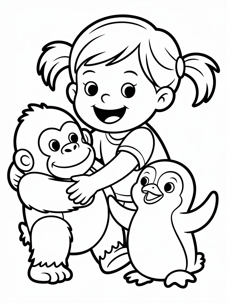 A little girl with pigtails with a big smile, a gap between her top front teeth, playing with a toy gorilla and penguin - Free Coloring Page