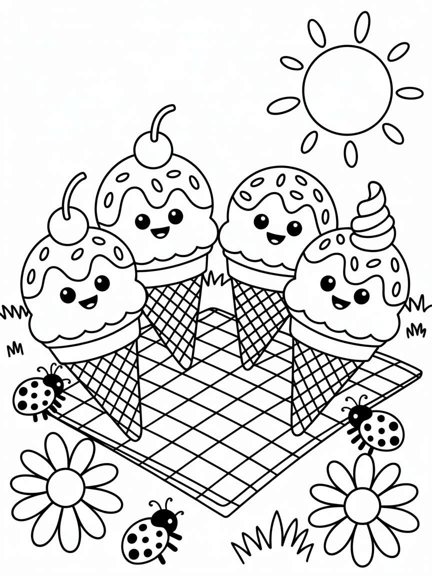 Ice cream cones having a picnic - Free Coloring Page