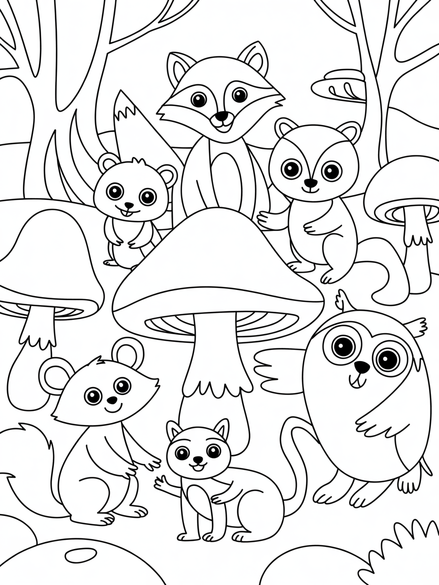 Woodland with fox, badger, mouse, red squirrel, owl - Free Coloring Page
