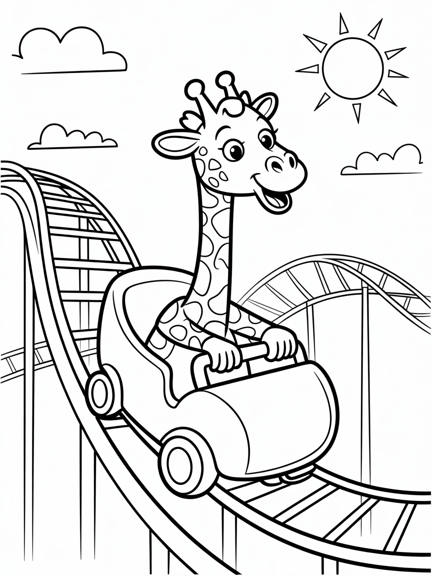 Giraffe riding a rollercoaster - Free Coloring Page