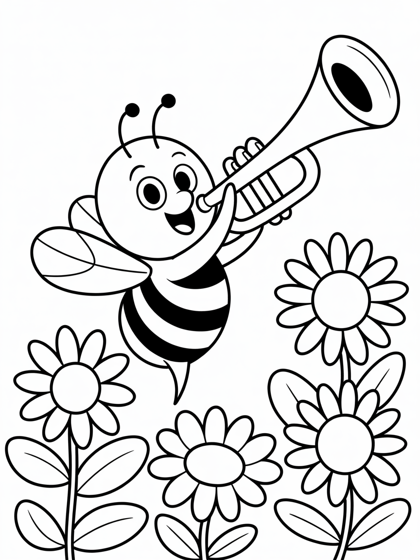 Bumblebee playing the trumpet in a garden - Free Coloring Page