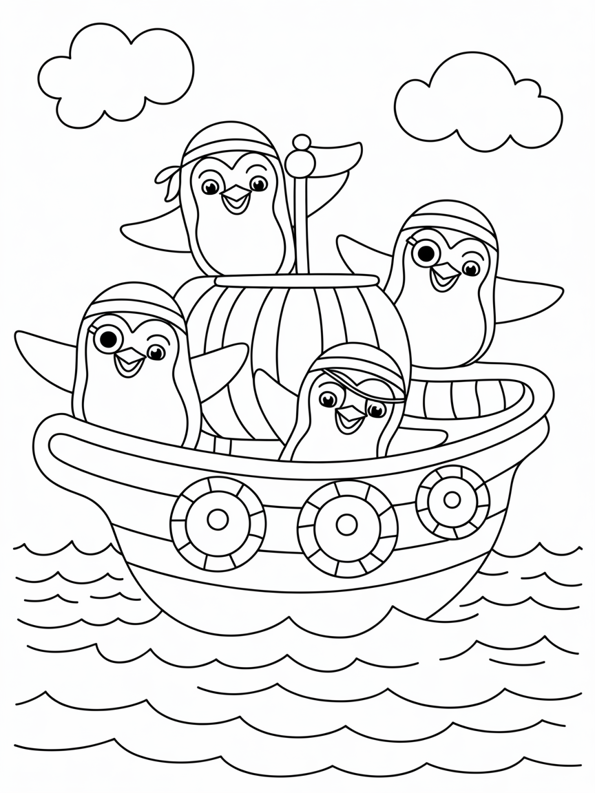 Pirate penguins sailing a candy ship - Free Coloring Page