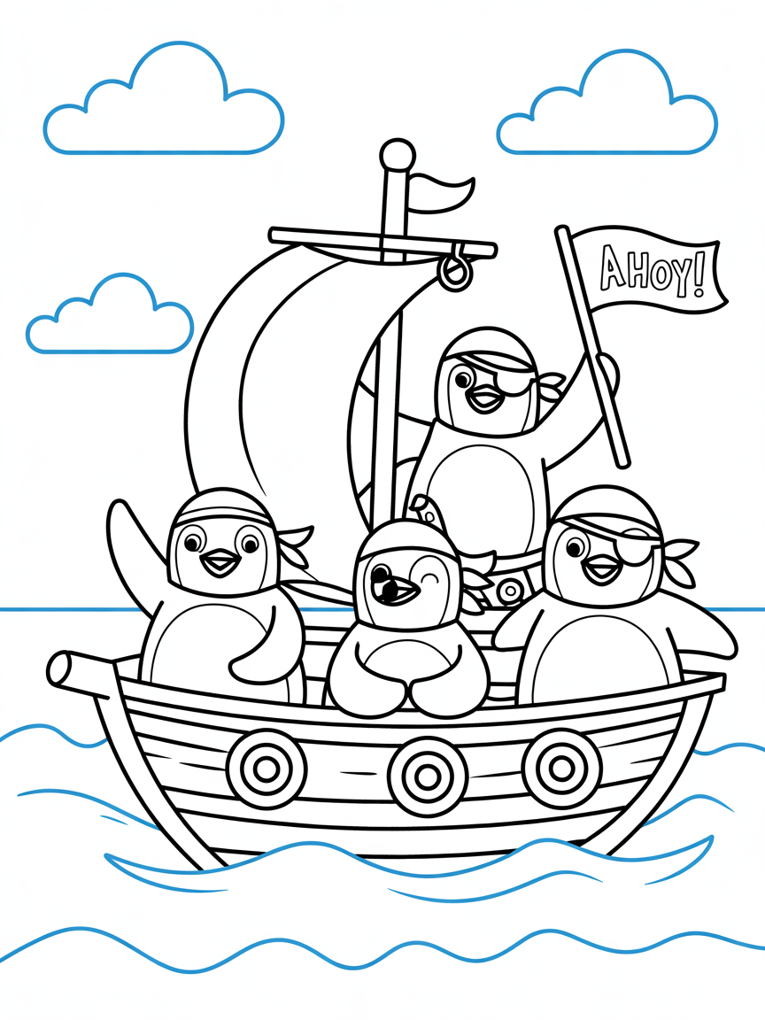 Pirate penguins sailing the high seas - Free Coloring Page