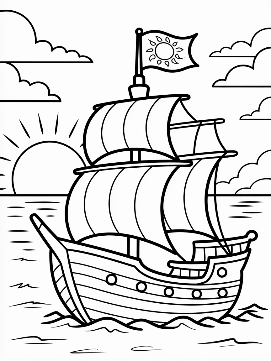Galleon ship at sunset - Free Coloring Page