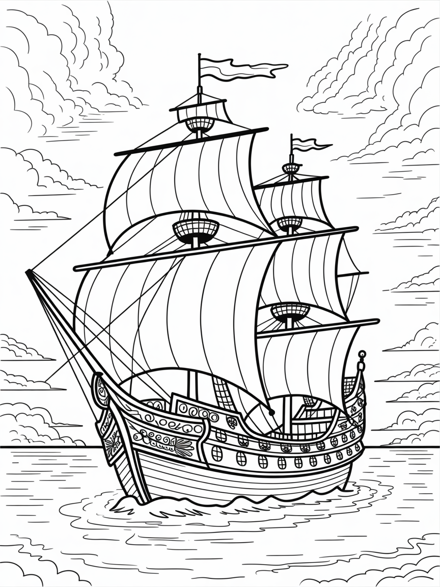 Galleon ship in full sail 3 mast at sunset - Free Coloring Page