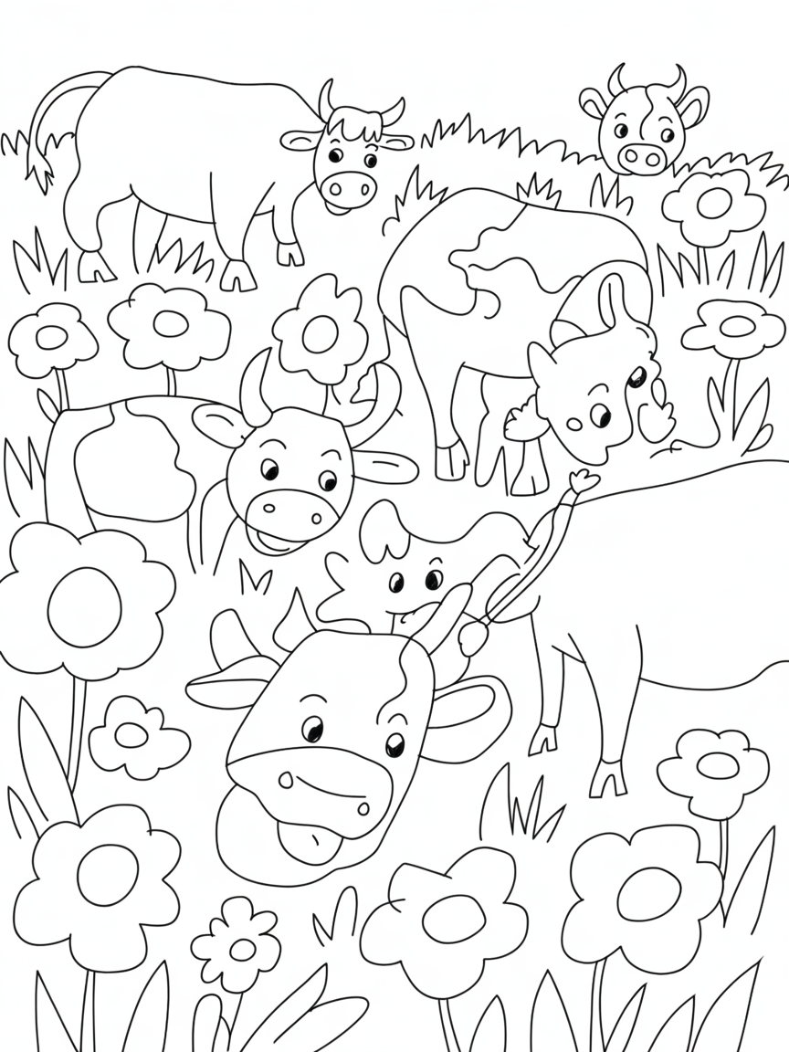 Meadow with cows and flowers - Free Coloring Page