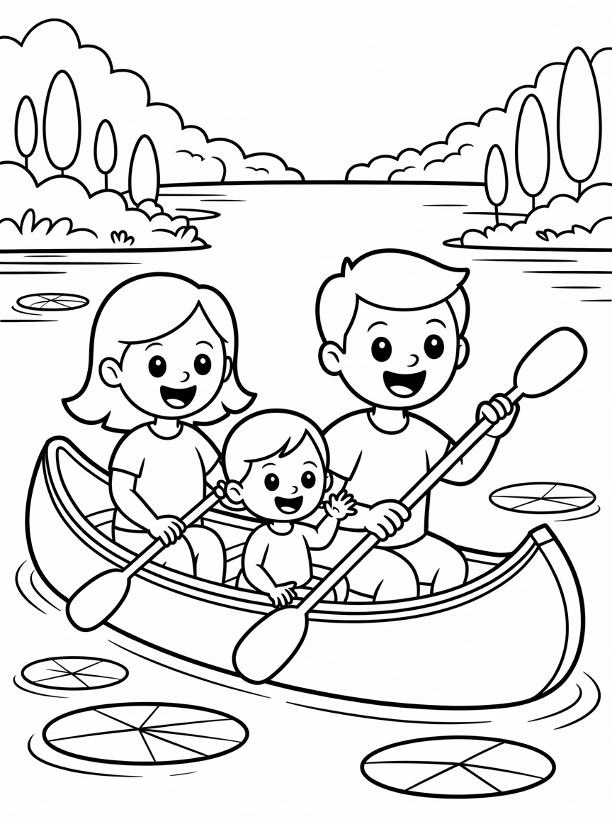 Two boys parents and little baby sister on a canoe trip - Free Coloring Page