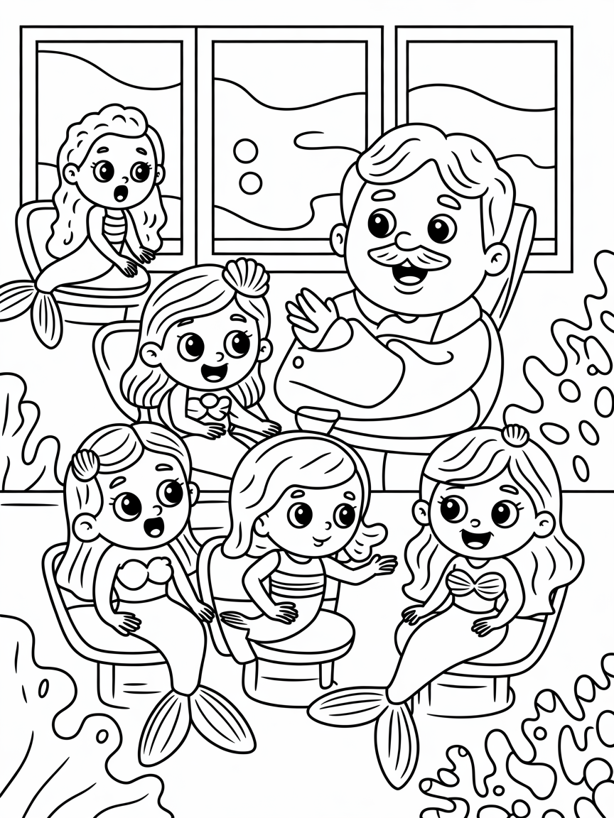 Mermaids at the dentist - Free Coloring Page