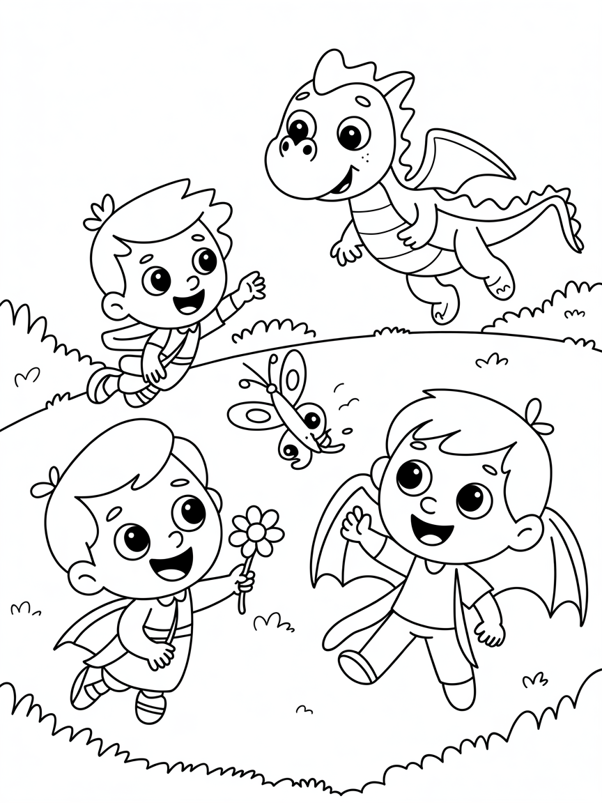 Two princes, one princess and a blue baby dragon goes on an adventure - Free Coloring Page