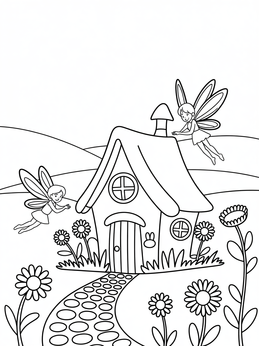 Fantasy cottage with fairies - Free Coloring Page