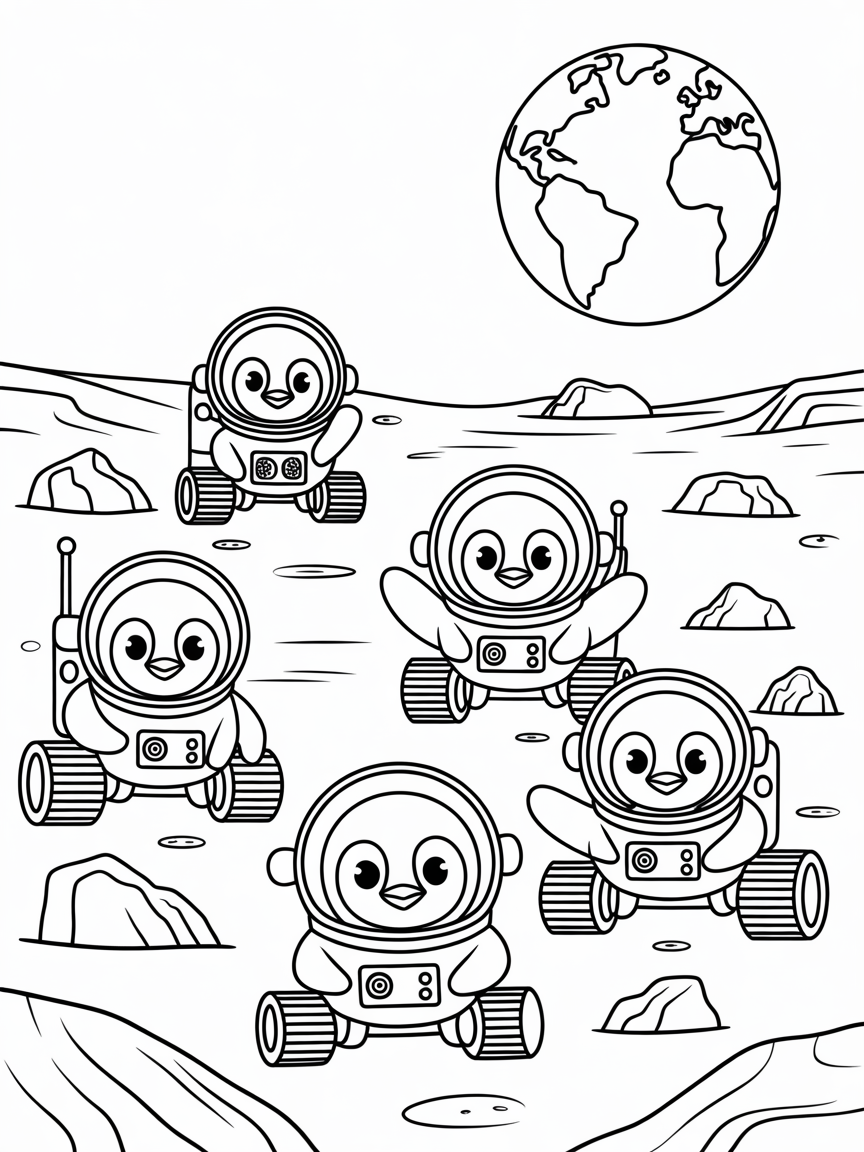 Astronaut penguins exploring Mars - Free Coloring Page