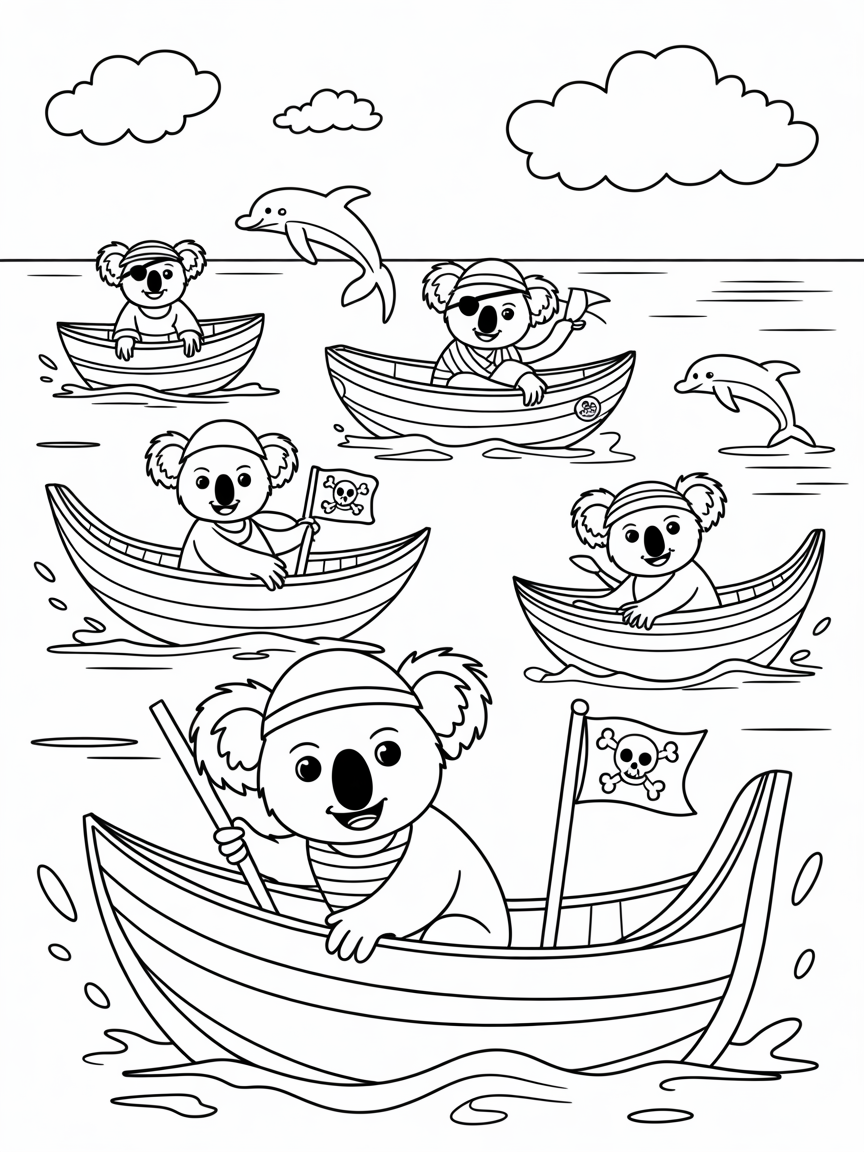 Pirate koalas sailing banana boats - Free Coloring Page
