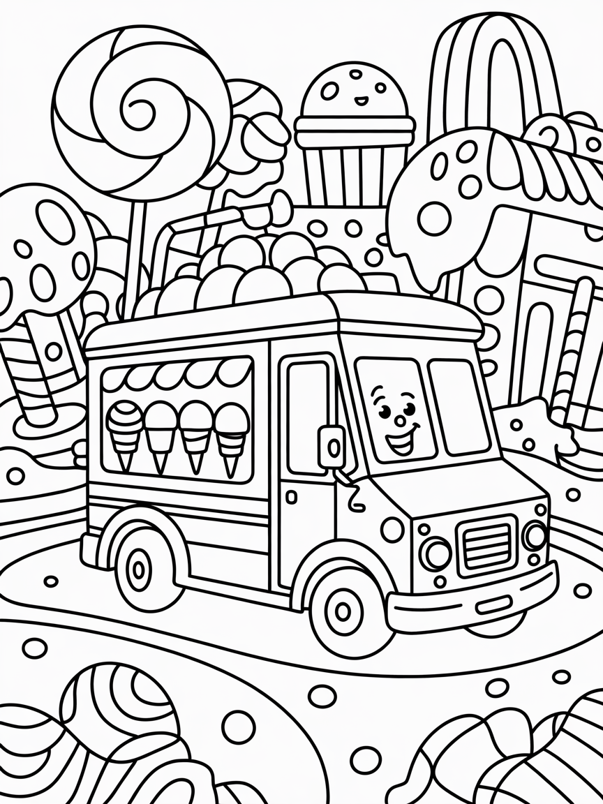Ice cream truck in candy land - Free Coloring Page