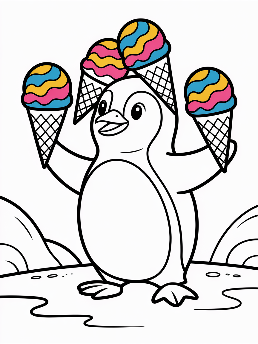 A penguin juggling colorful ice creams - Free Coloring Page