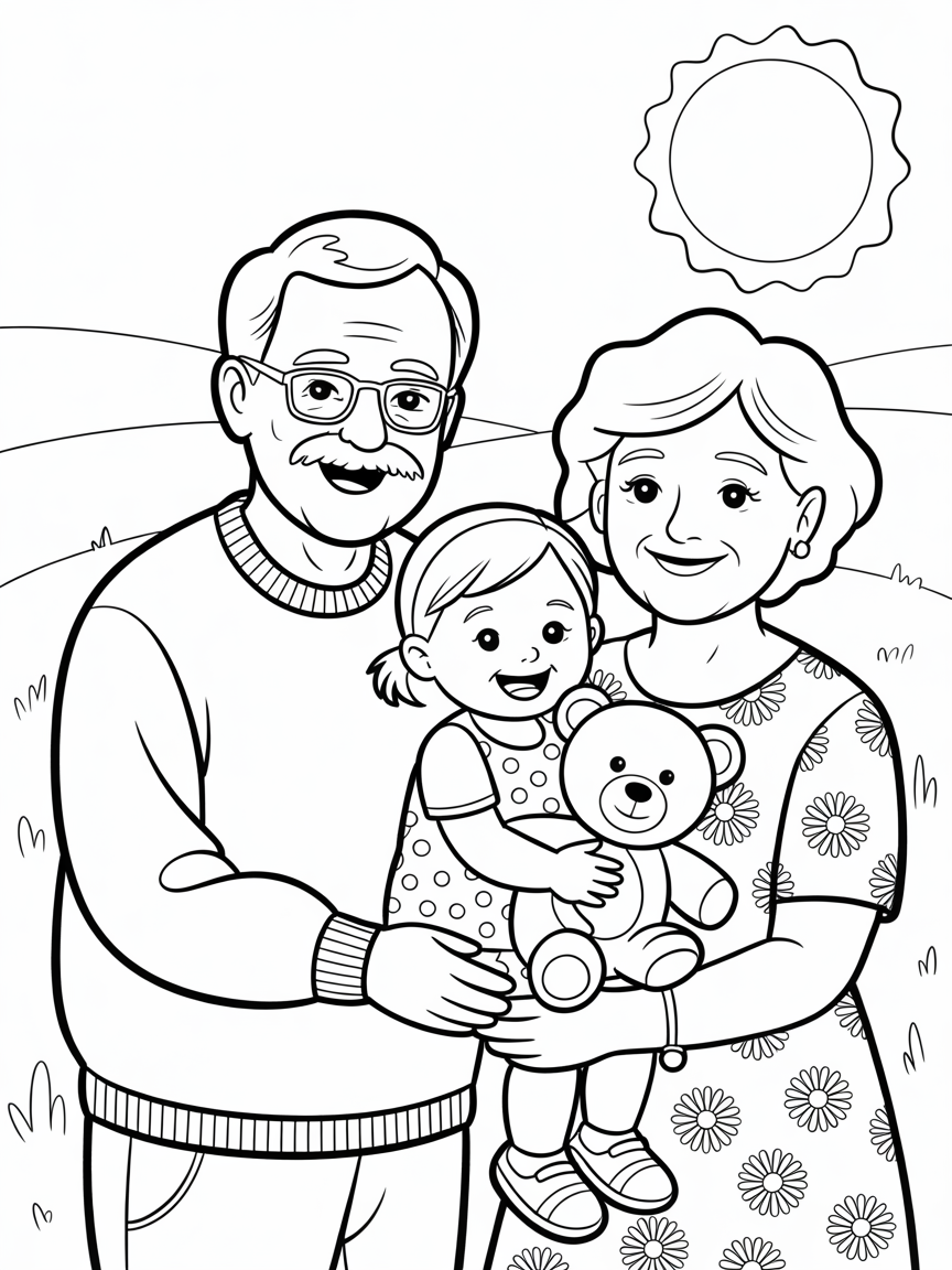Grandpa and grandma with toddler girl - Free Coloring Page