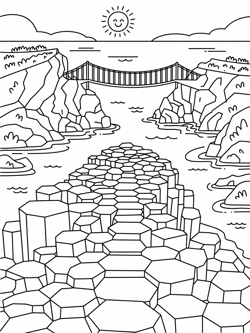Giants Causeway and carrick a rede-rope bridge northern ireland - Free Coloring Page