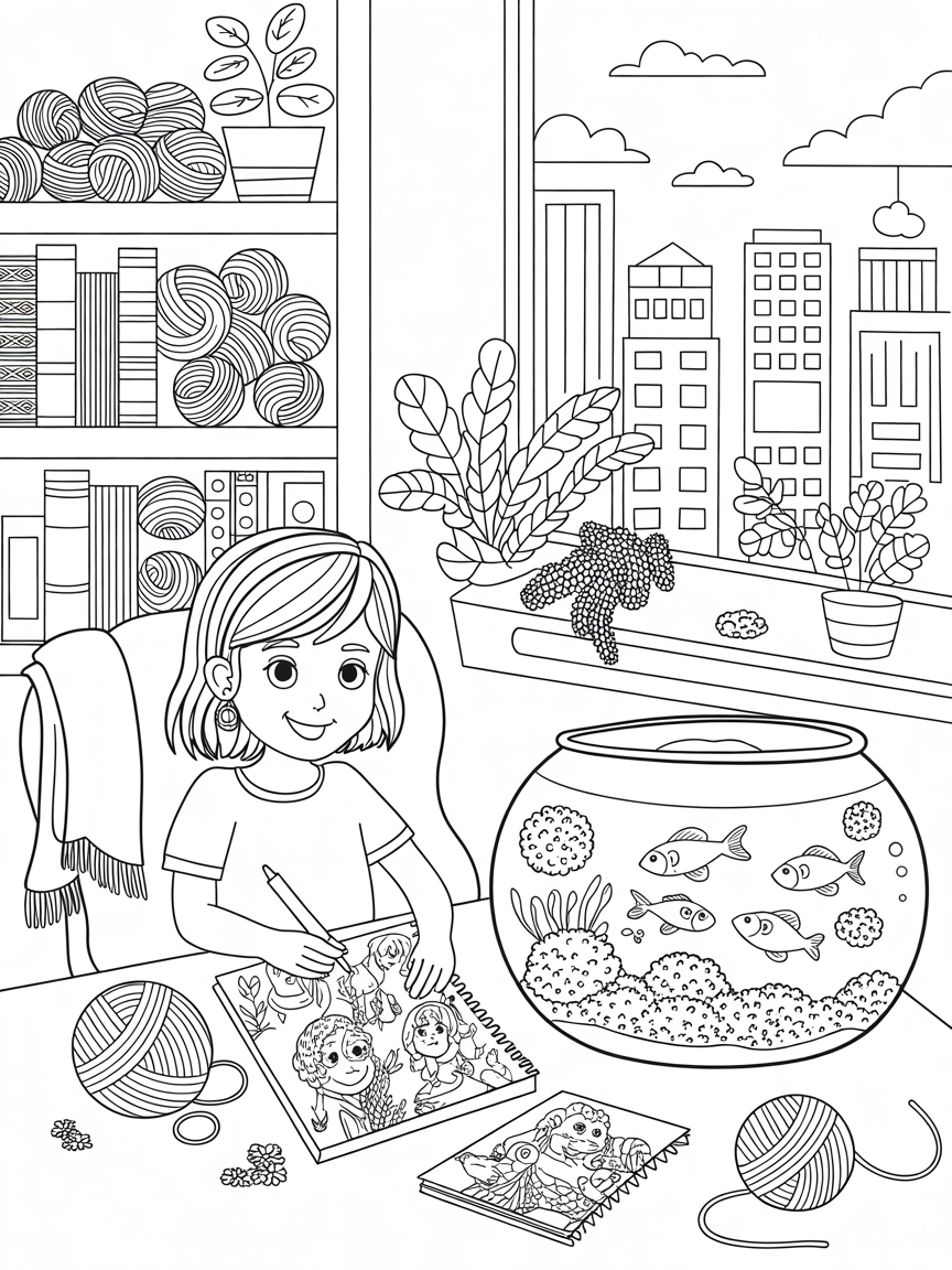 My daughter loves to crochet, watch anime, cute ducks and moss balls in her fish tank of guppies - Free Coloring Page