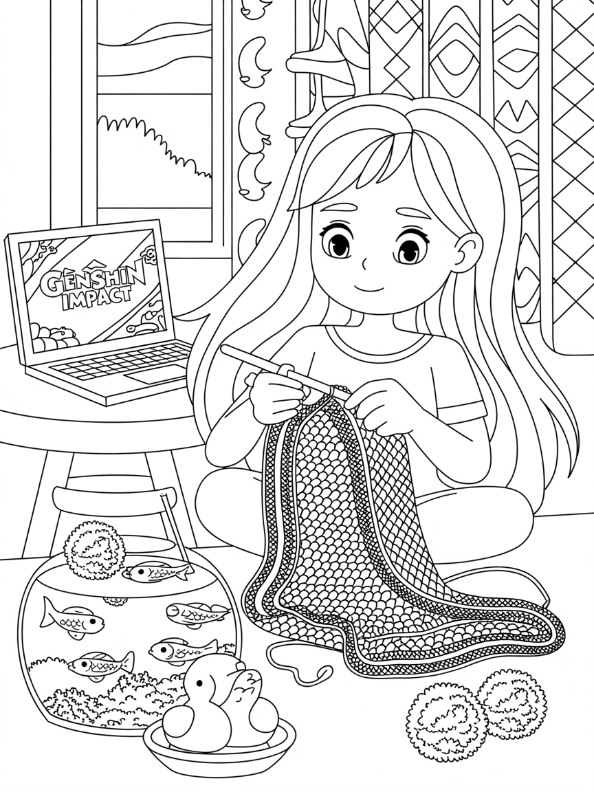 My daughter is vietnamese, she has long hair, loves to crochet, watch anime, play genshin impact, cute call ducks and moss balls in her fish tank of guppies - Free Coloring Page