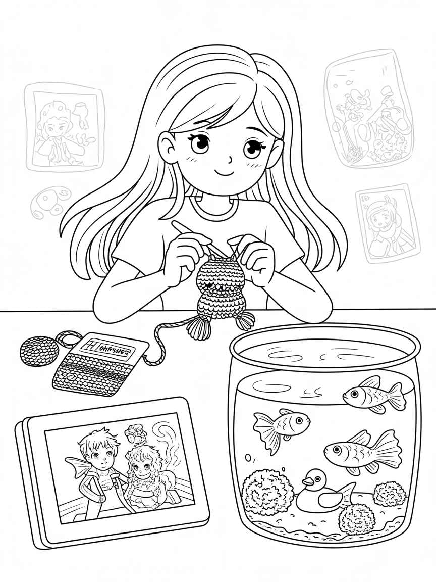 My daughter is vietnamese, she has long hair, loves to crochet arigurumi, watch anime, play genshin impact, cute call ducks and moss balls in her fish tank of guppies - Free Coloring Page
