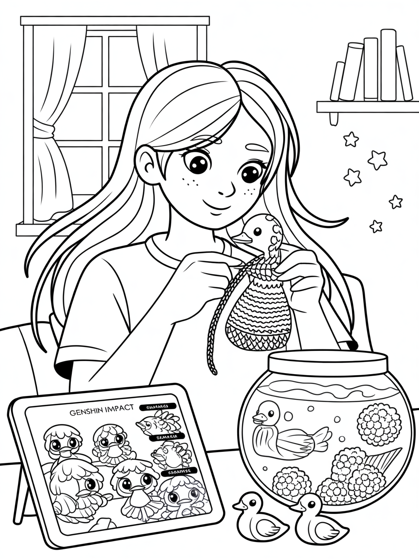 My daughter is vietnamese, she has long hair, loves to crochet cute ducks, play genshin impact, cute call ducks and moss balls in her fish tank of guppies - Free Coloring Page