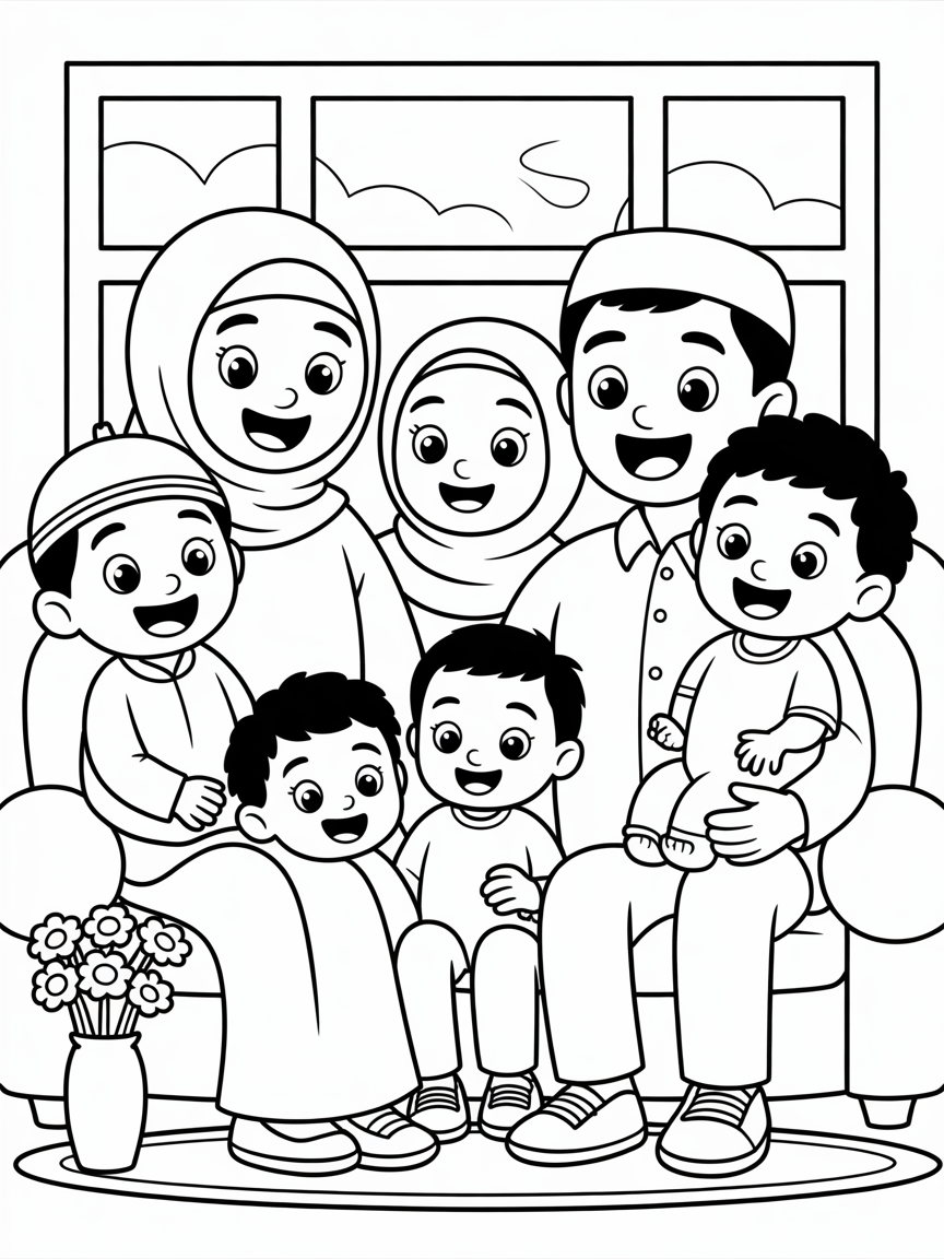 Happy Muslim family (6 members with 1 boy 1 girl 1 toddler boy and 1 girl infant - Free Coloring Page