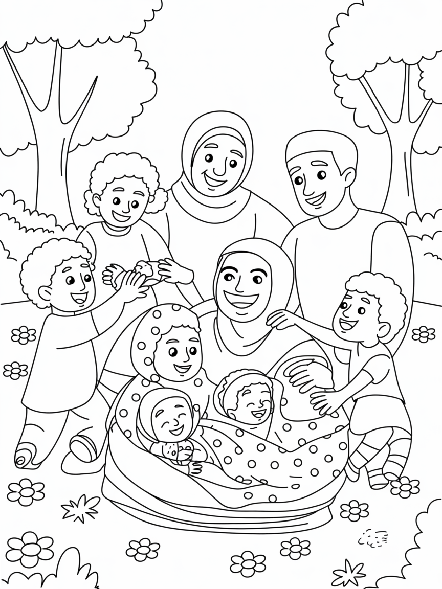 Happy Muslim family (6 members with 1 boy 1 girl 1 boy and 1 girl infant - Free Coloring Page