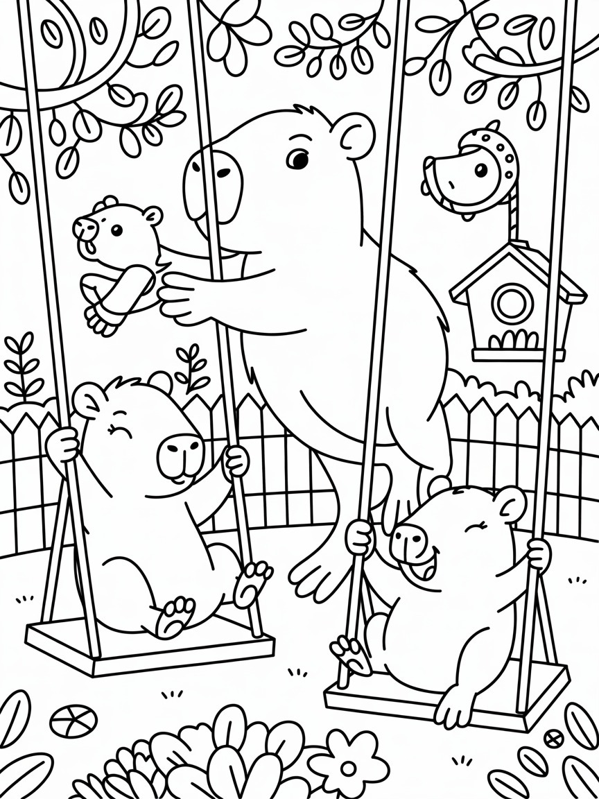 Family of capybaras in the garden on the swings - Free Coloring Page