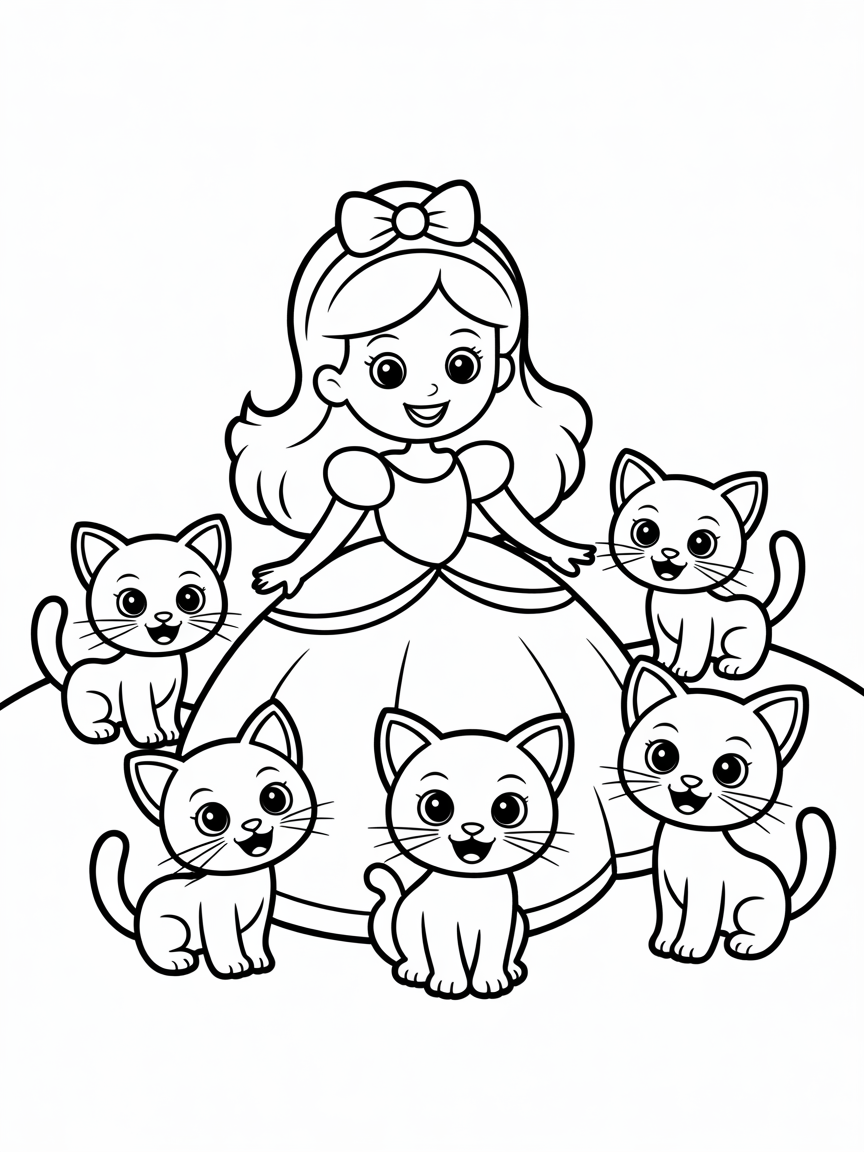 Princess with cats - Free Coloring Page