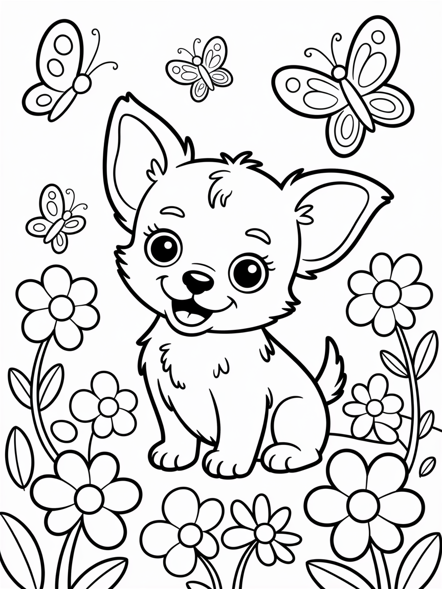 Chihuahua with flowers and butterflies - Free Coloring Page