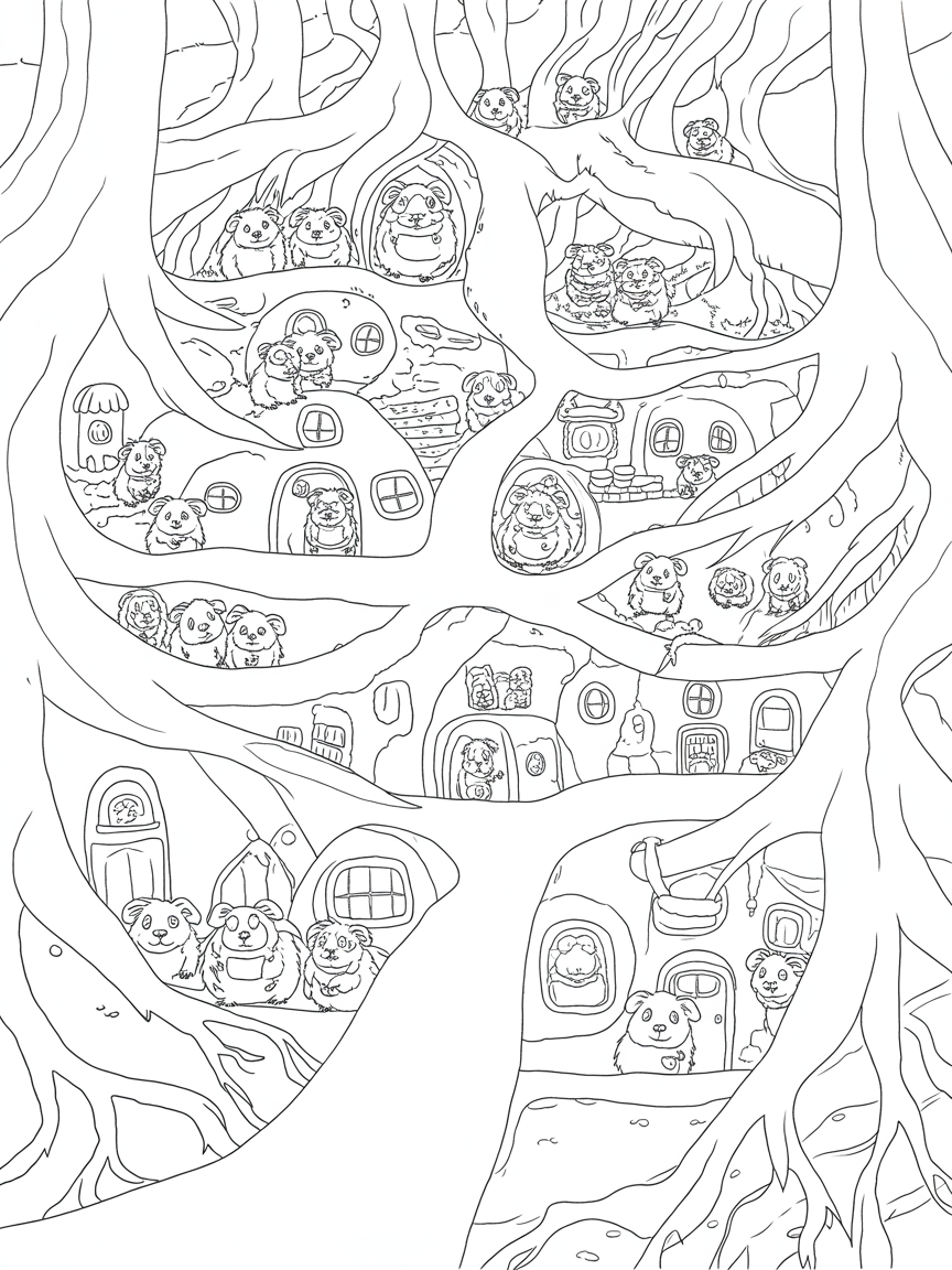 Guineapigs living underground in a village like system that is built into the roots of trees . With bedrooms and kitchens and bathrooms - Free Coloring Page