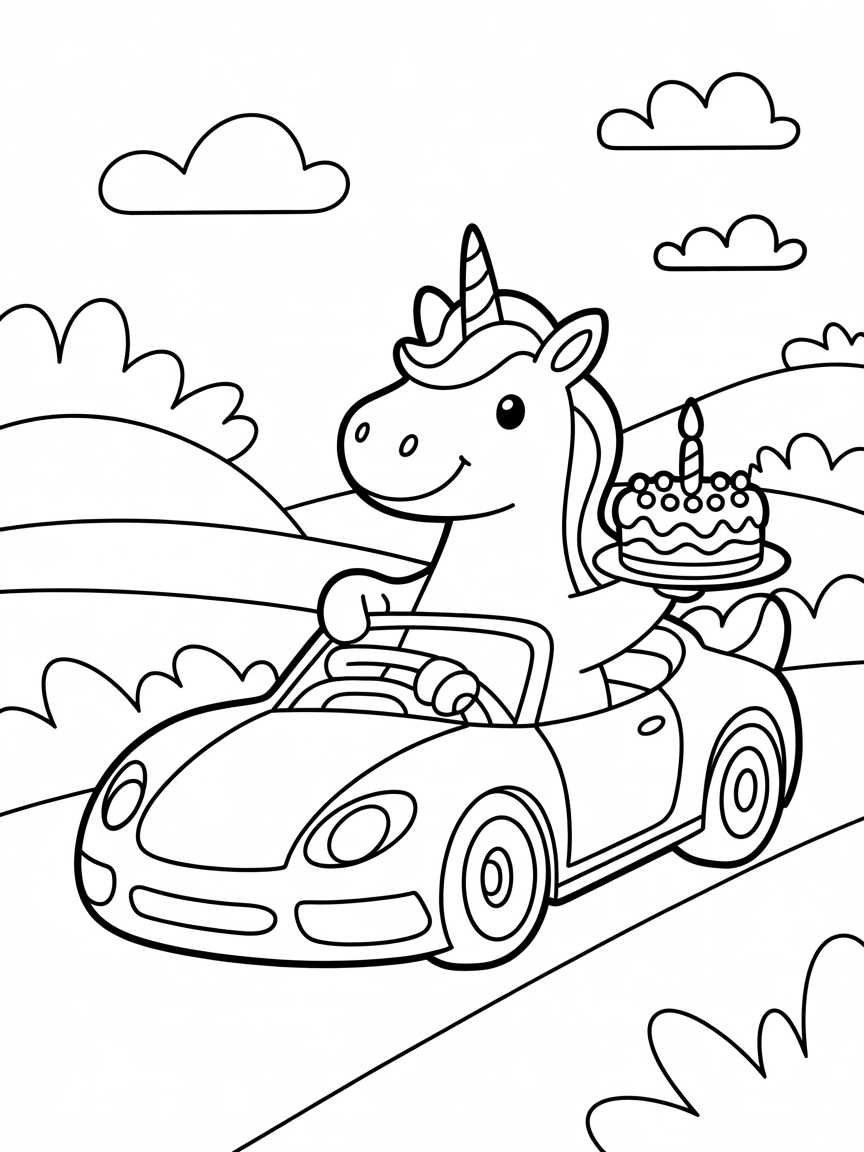 Unicornasoraus driving a race car holding onto a birthday cake - Free Coloring Page
