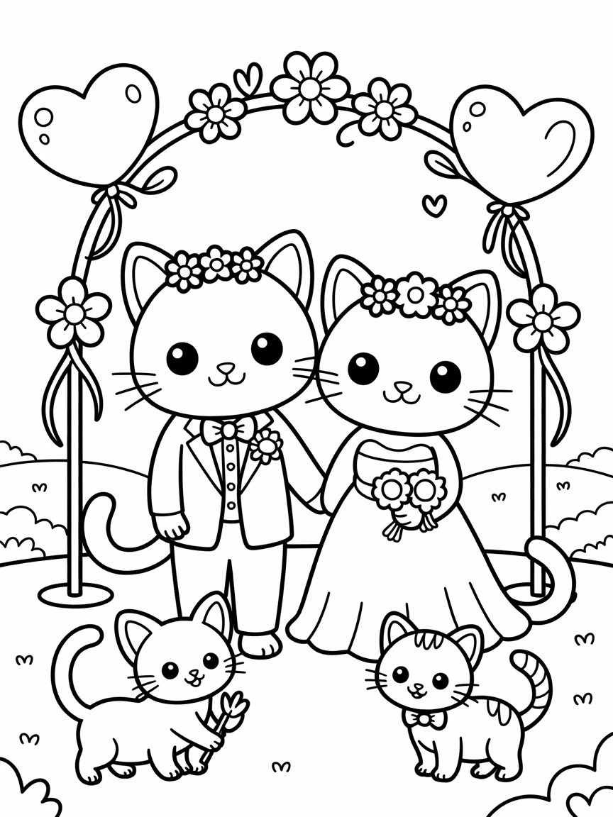 Kawaii meemeow wedding - Free Coloring Page