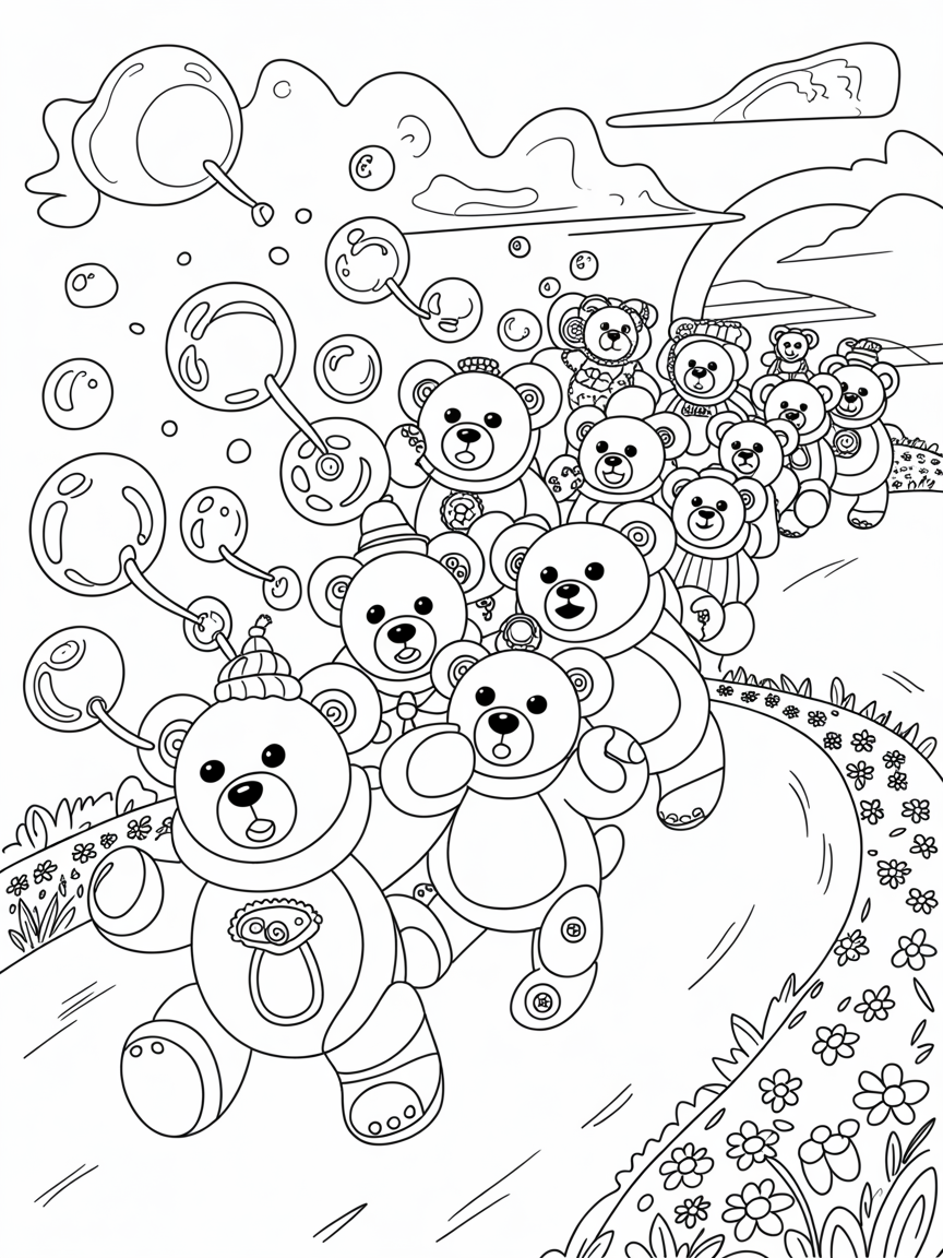 Bubble-blowing teddy bear parade - Free Coloring Page