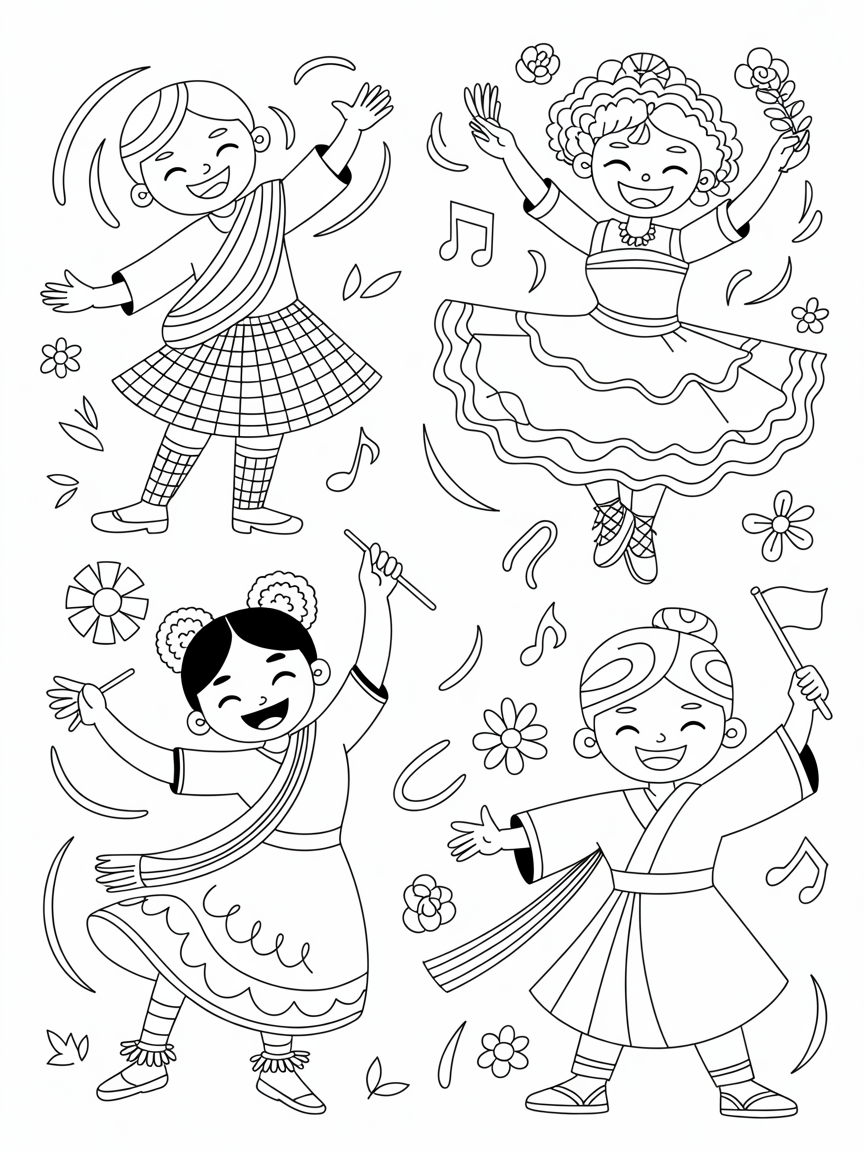 Different dancers from around the world having fun - Free Coloring Page