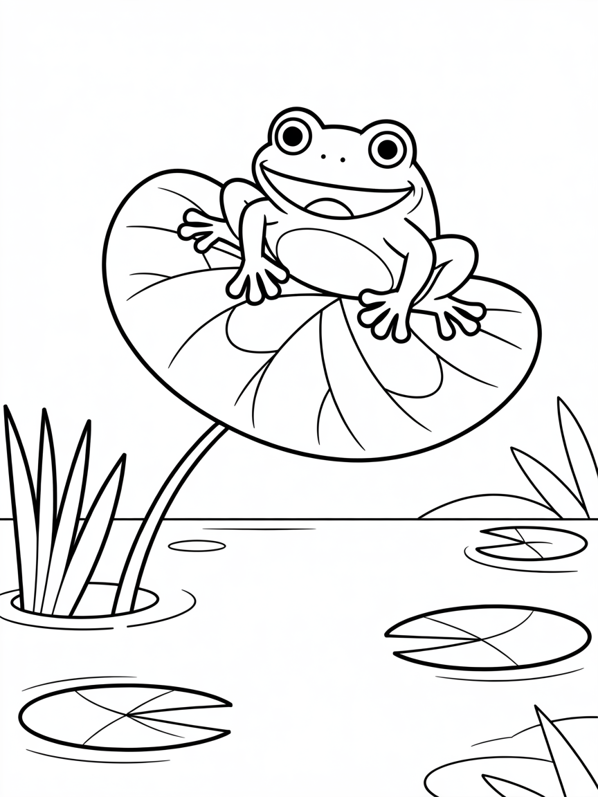 A tree frog living in a pool in a giant leaf - Free Coloring Page