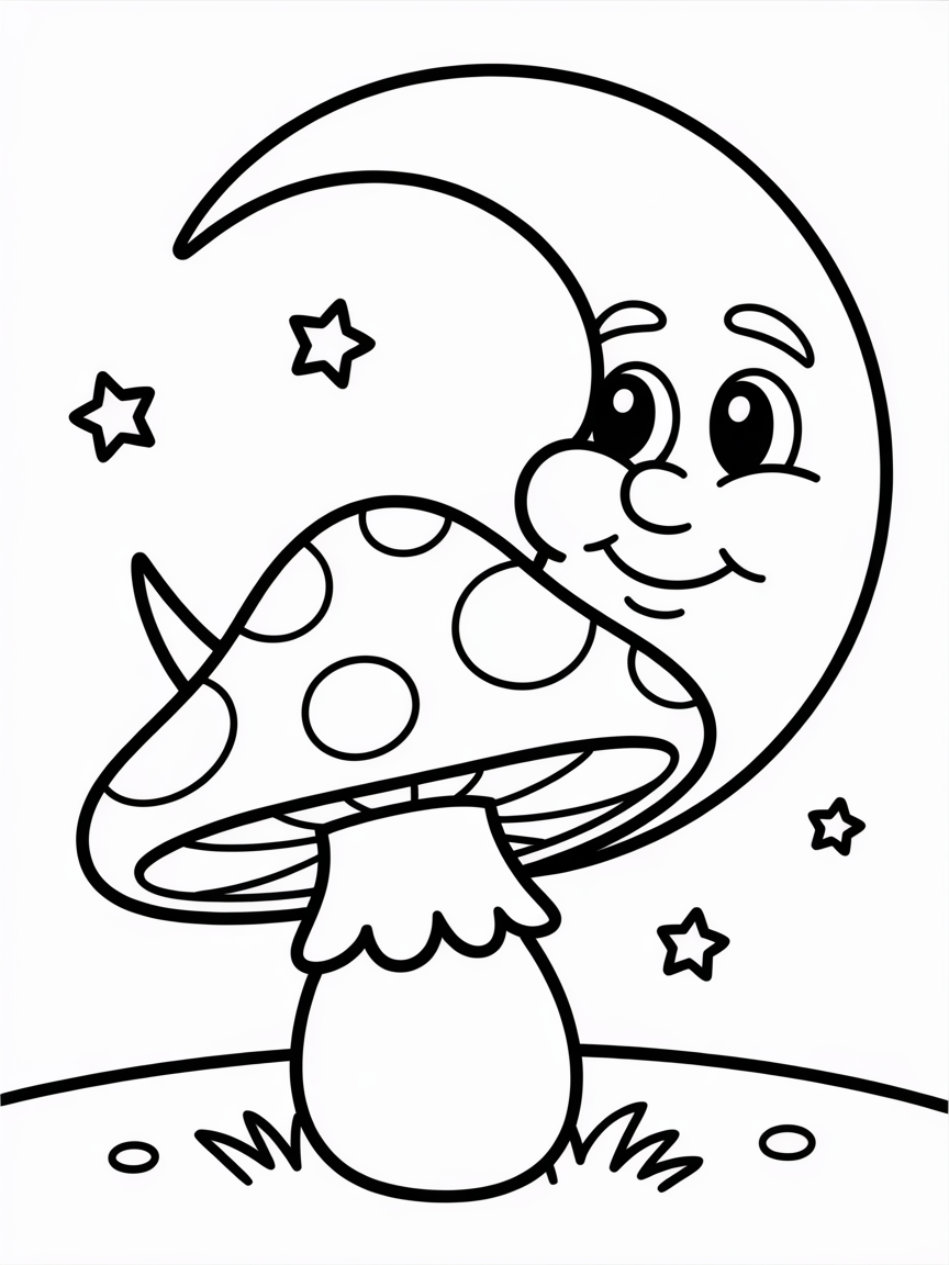 Mushroom with Moonlight - Free Coloring Page