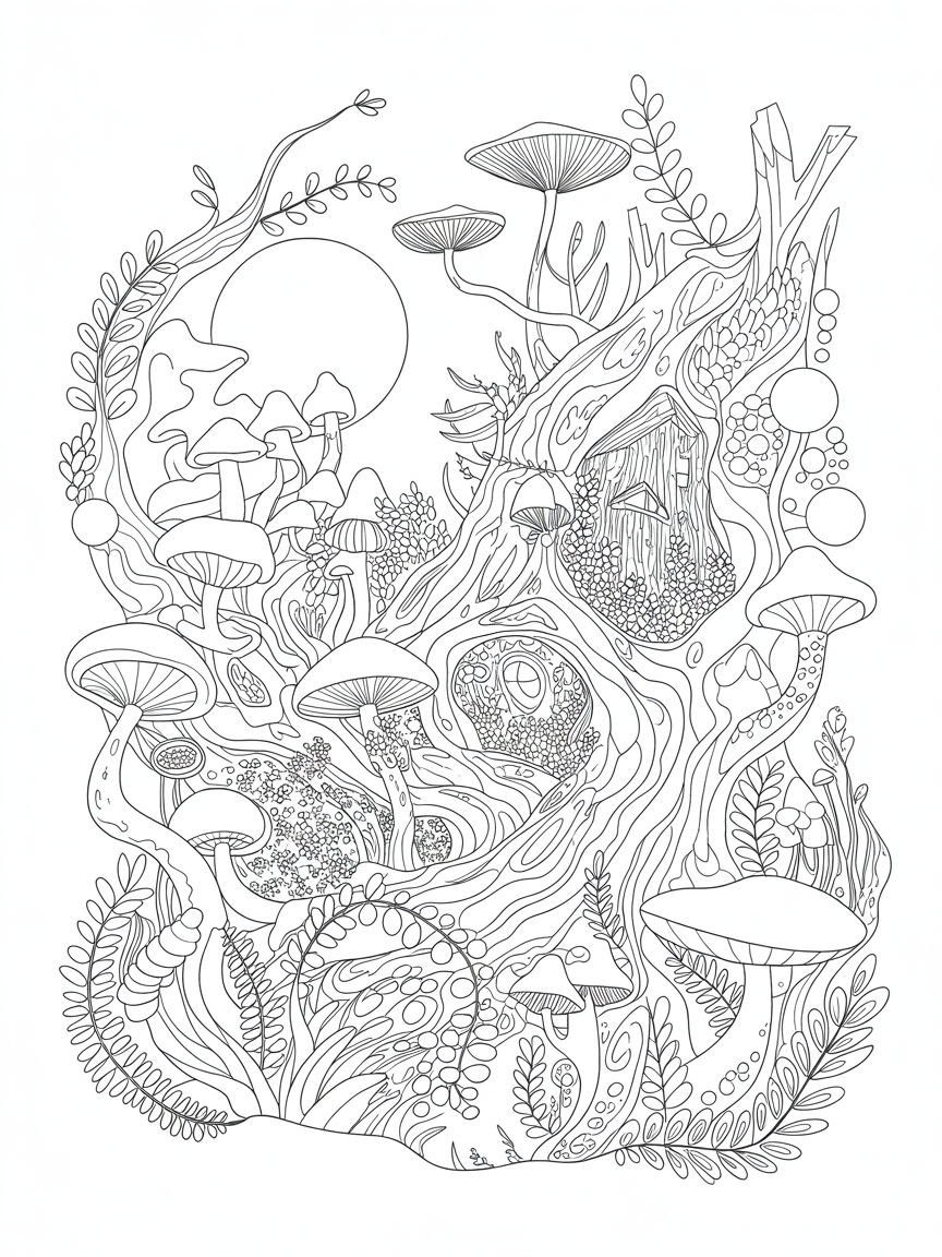 Mushrooms in the forest with Moonlight and a magical tree house - Free Coloring Page