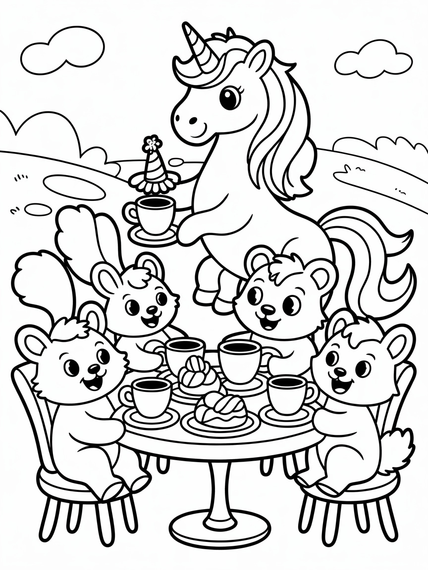 A happy unicorn teaparty - Free Coloring Page
