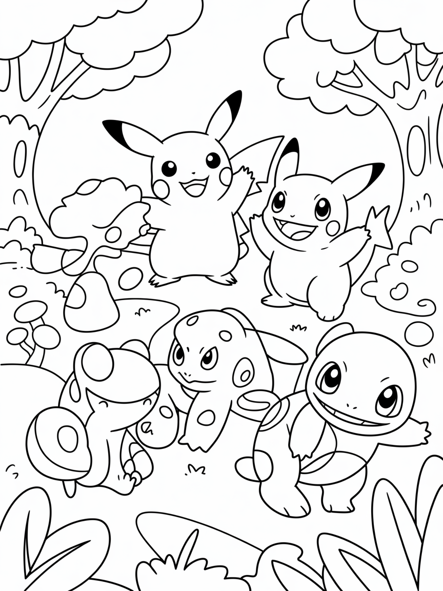 Pokemon in a beautiful woodland area - Free Coloring Page