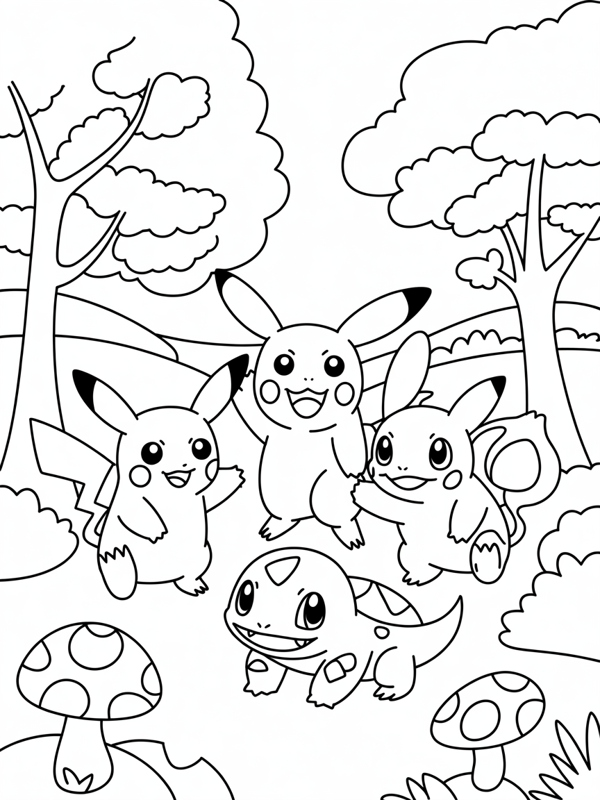 Pokemon in a beautiful woodland area - Free Coloring Page