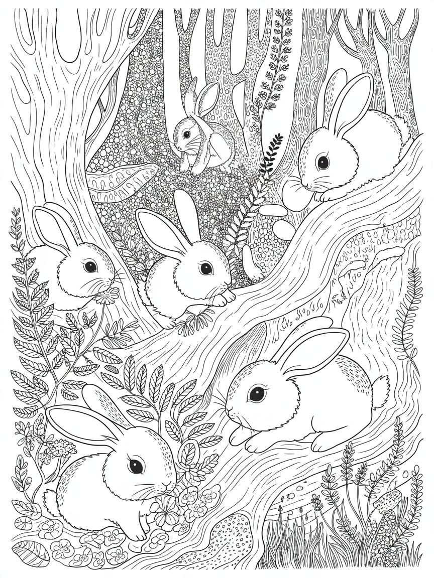 Adorable bunnies in a beautiful woodland area - Free Coloring Page