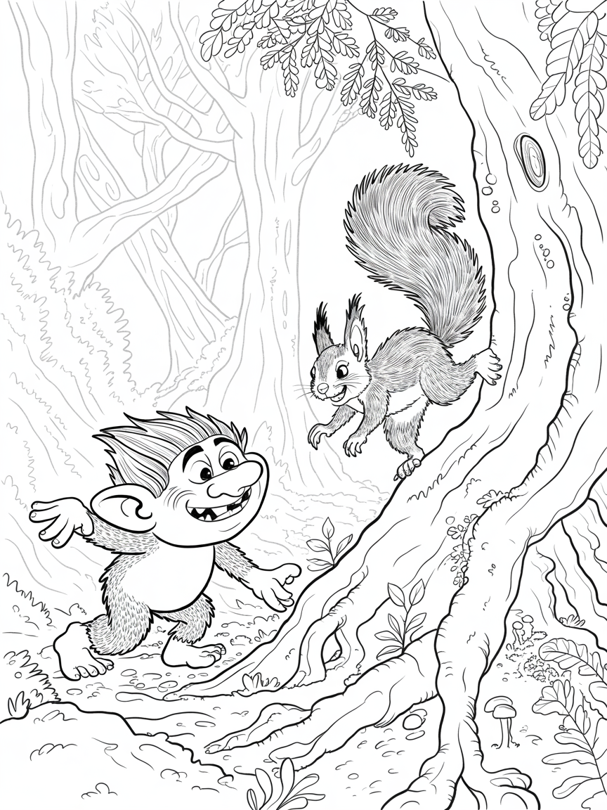 A troll och a squirrel playing in a forest - Free Coloring Page