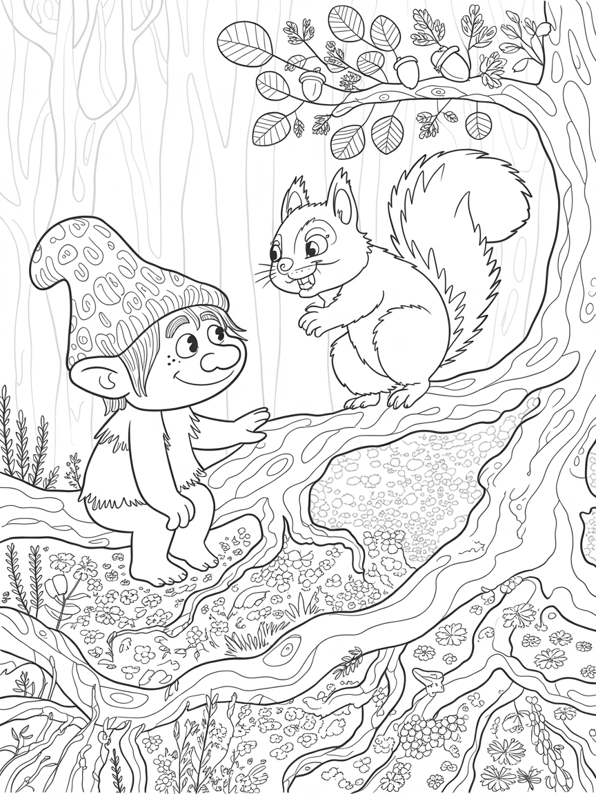 A cute troll och a squirrel playing in a forest - Free Coloring Page