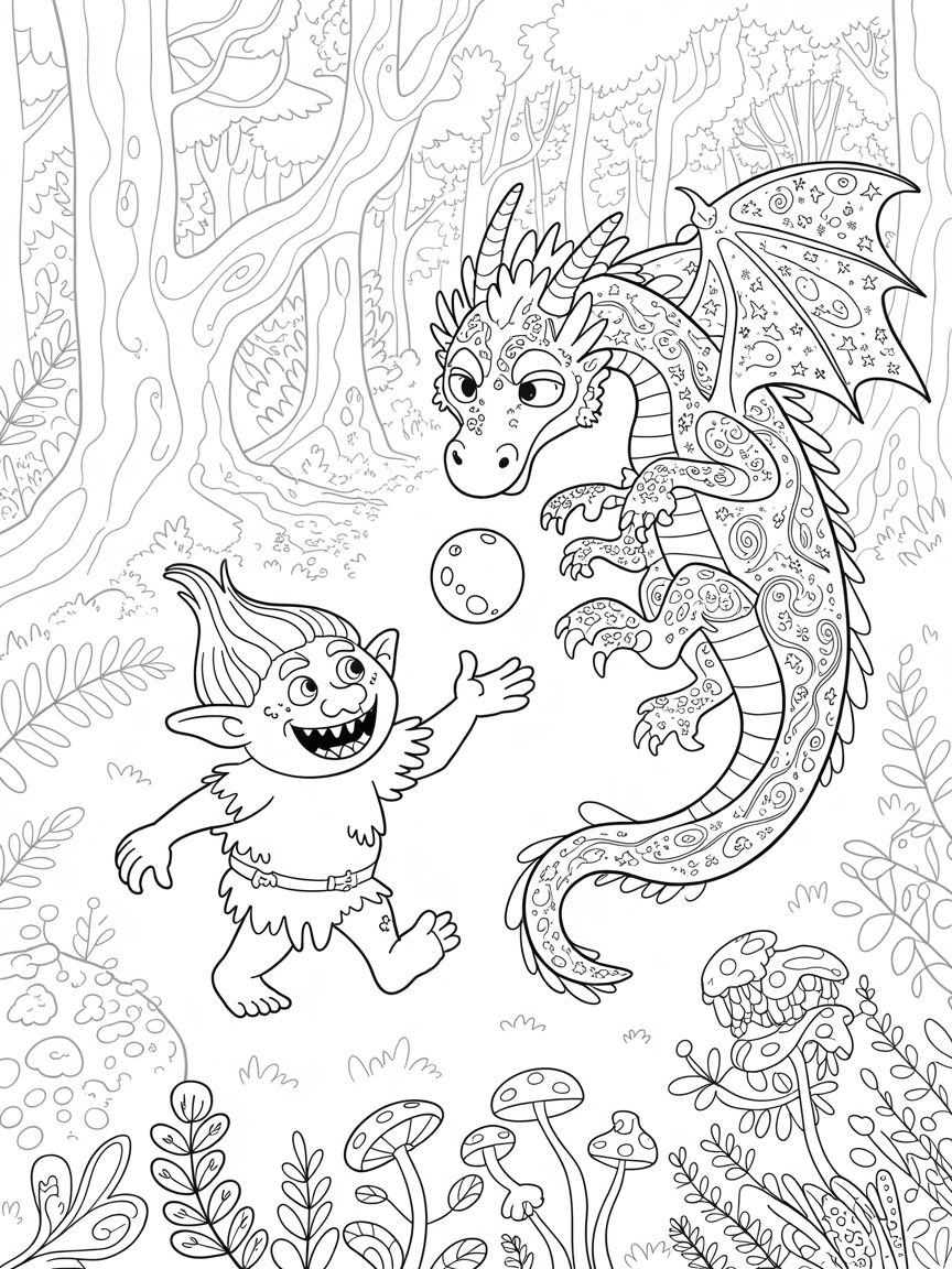 A cute troll och a cute dragon playing in a forest - Free Coloring Page