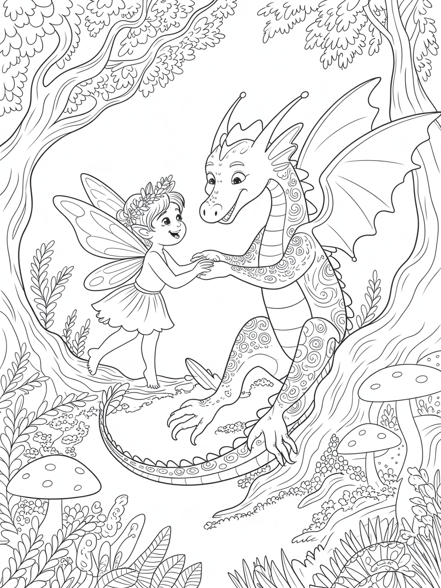 A cute fairy och a cute dragon playing in a forest - Free Coloring Page
