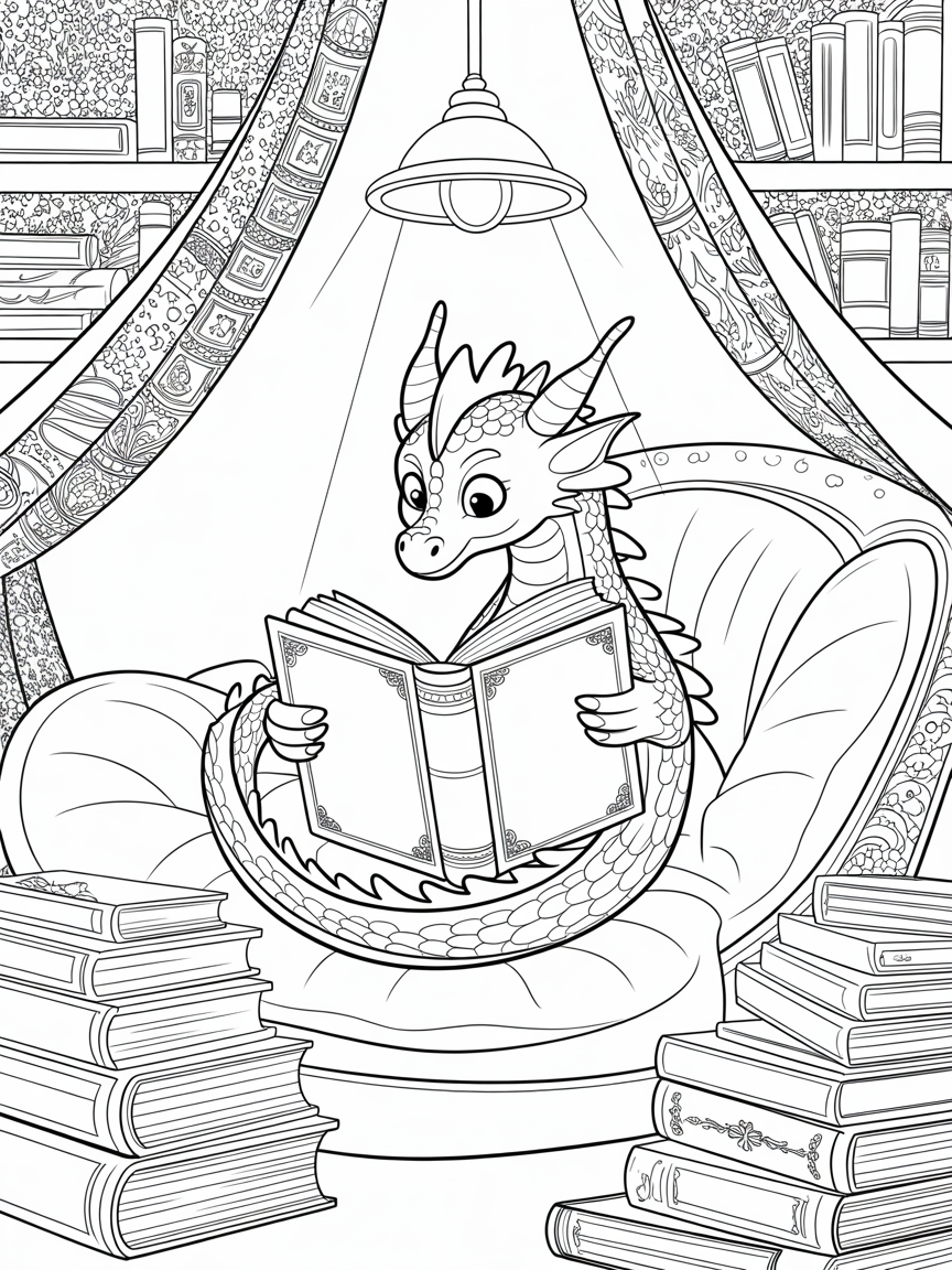 A darling dragon reading a book under a night light - Free Coloring Page
