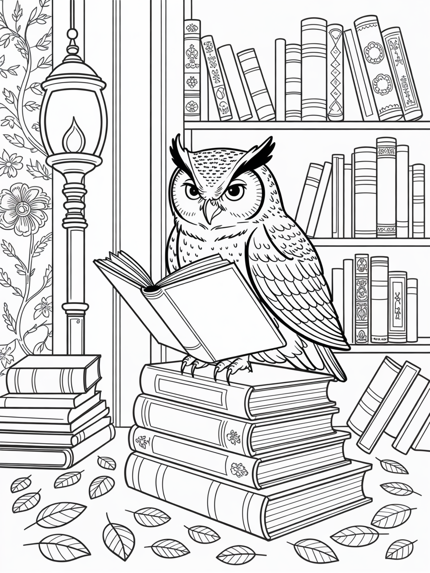 A darling owl reading a book under a night light - Free Coloring Page