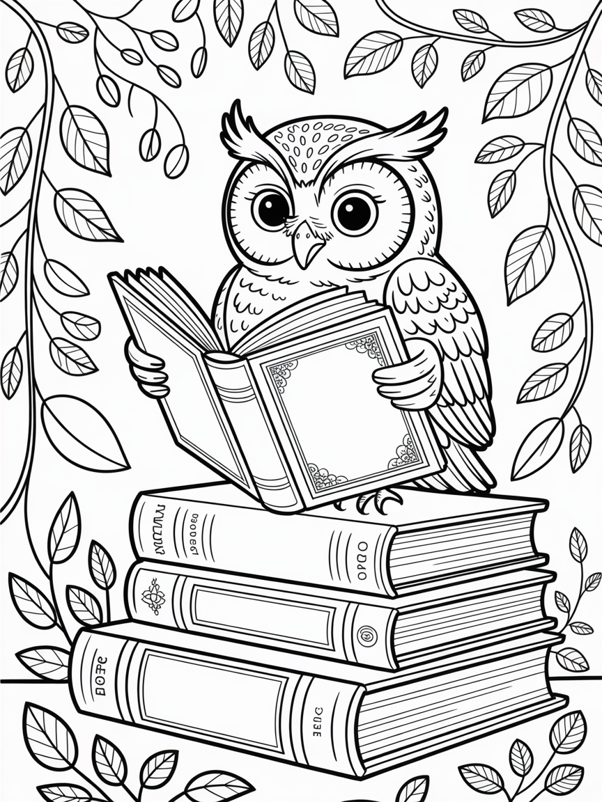 A darling owlet reading a book under a night light - Free Coloring Page