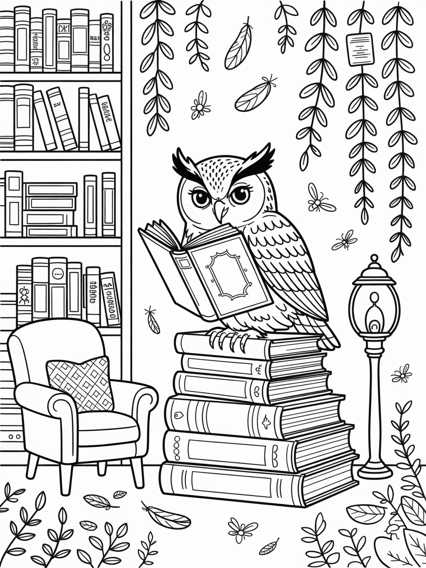 A darling owlett reading a book under a night light - Free Coloring Page